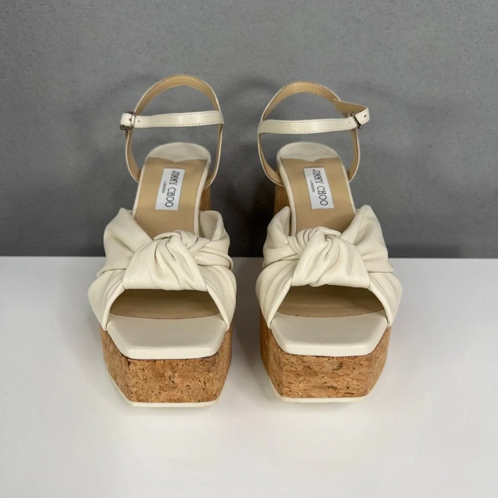 Jimmy Choo Sandals Womens Size 39.5 Heloise Wedge 95 Leather Cork Platform